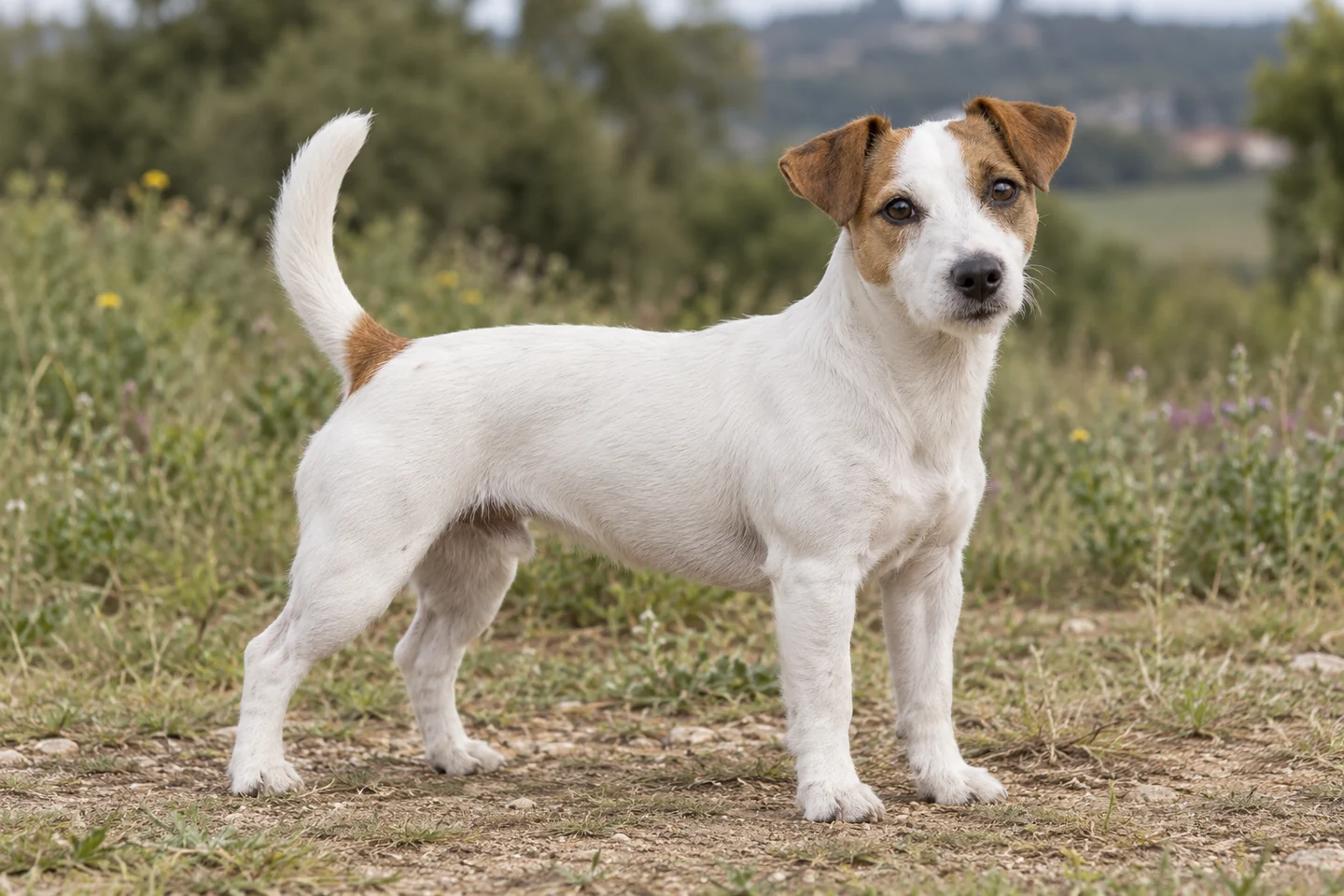 Jack Russell Terrier adulto, de pé, com o corpo inteiro visível.