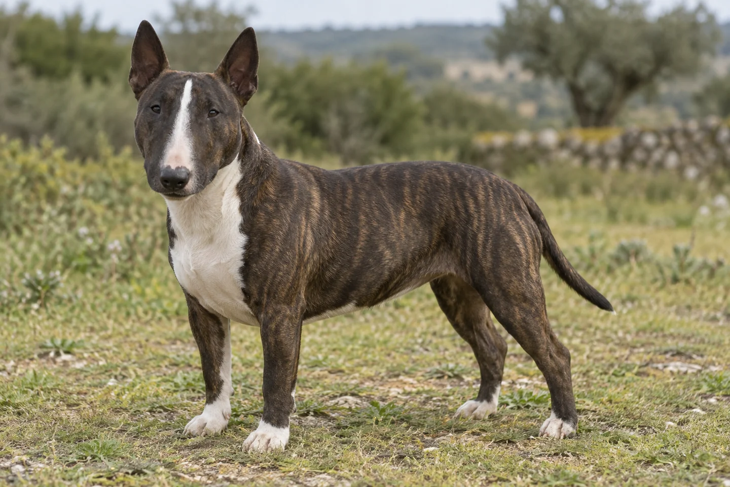MINIATURE BULL TERRIER adulto, de pé, com o corpo inteiro visível.