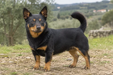 LANCASHIRE HEELER adulto, de pé, com o corpo inteiro visível.