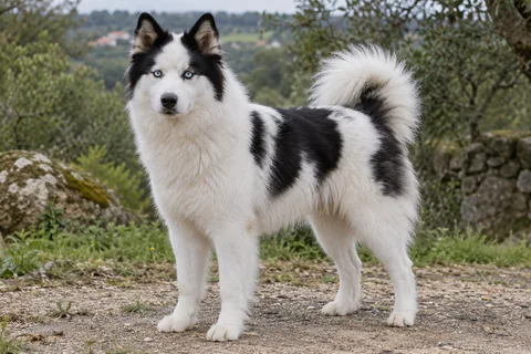 YAKUTSKAYA LAIKA adulto, de pé, com o corpo inteiro visível.