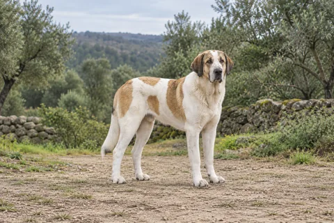 Cão de Gado Transmontano adulto, de pé, com o corpo inteiro visível.