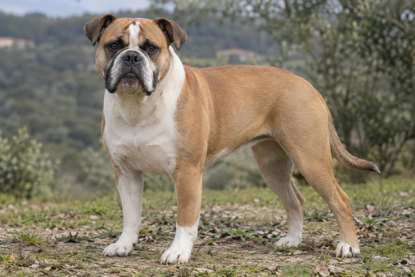 CONTINENTAL BULLDOG adulto, de pé, com o corpo inteiro visível.