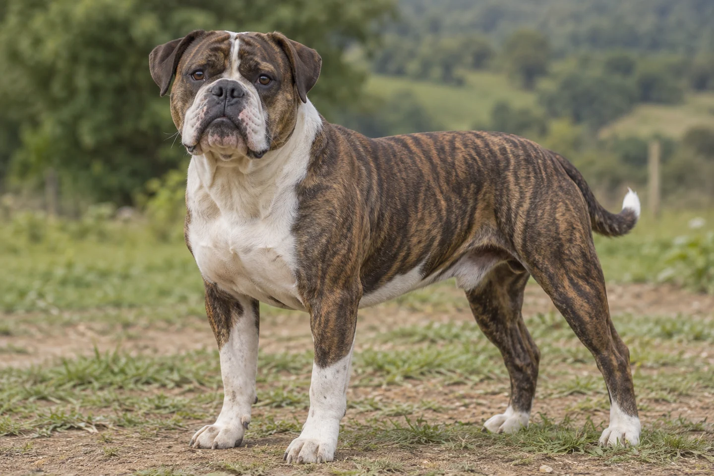 BULDOGUE CAMPEIRO adulto, de pé, com o corpo inteiro visível.