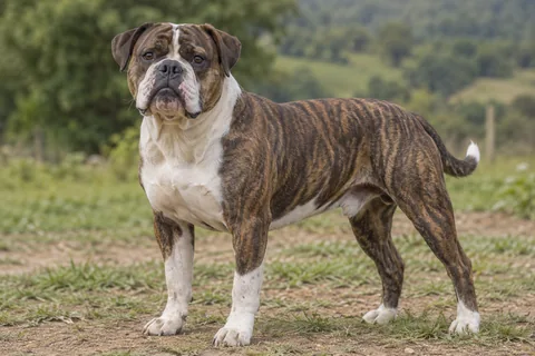 BULDOGUE CAMPEIRO adulto, de pé, com o corpo inteiro visível.
